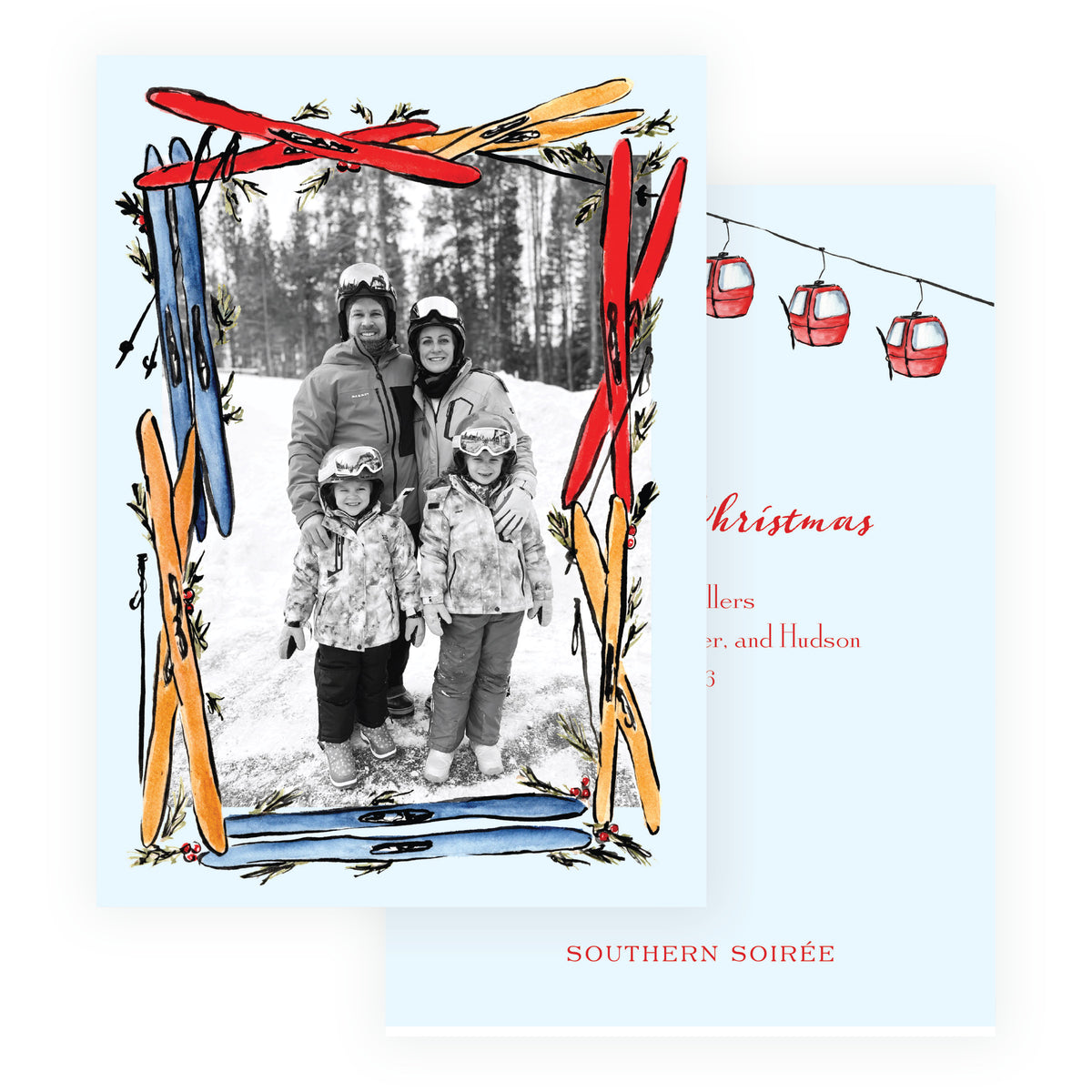 Alpine Holiday – Blue Ski Frame Holiday Personalized Photo Card