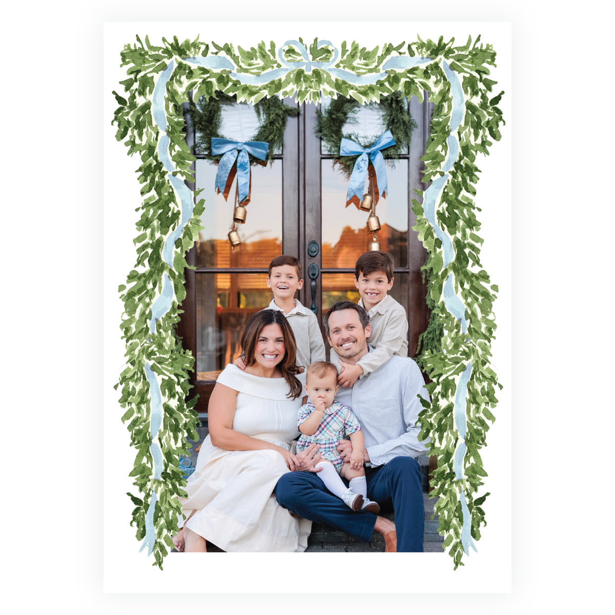 Watercolor evergreen garland frame Christmas card with soft blue bow