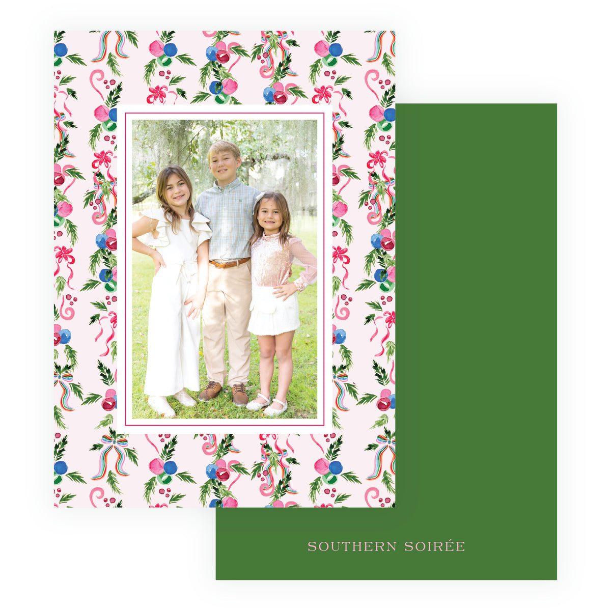 Decked in Cheer personalized pink Christmas photo card with colorful watercolor holiday pattern