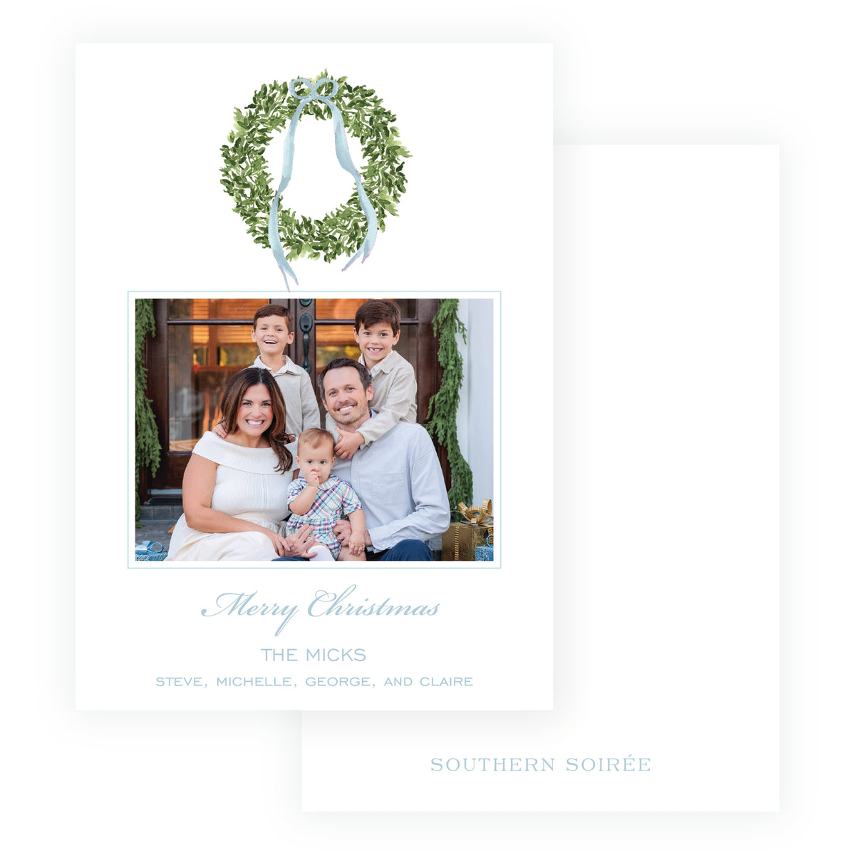 Personalized family Christmas card with evergreen wreath and blue ribbon