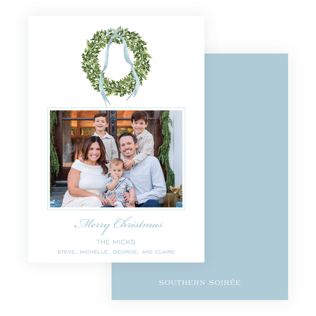 Blue wreath personalized Christmas photo card with watercolor evergreen greenery