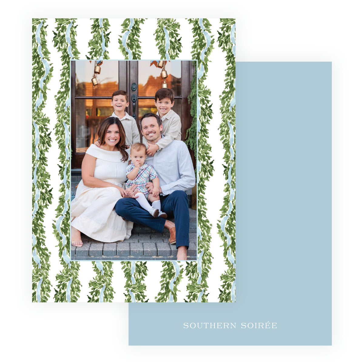 Blue ribbon garland personalized Christmas photo card with family photo