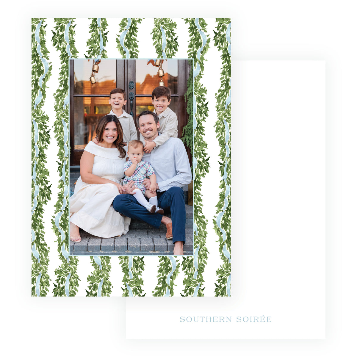 Decked in Garland blue patterned personalized holiday photo card