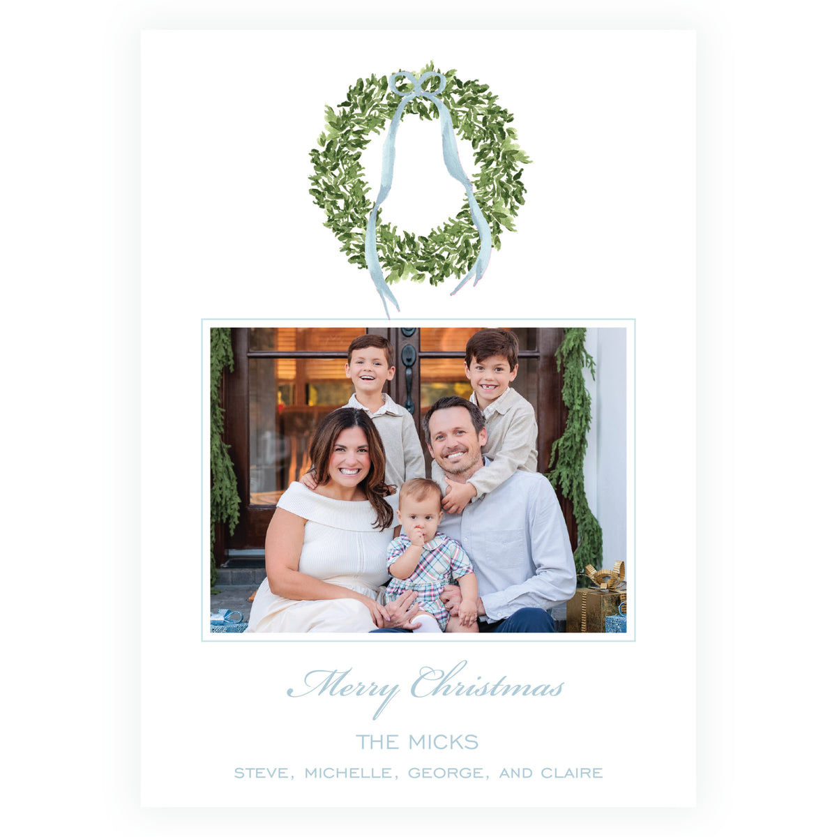 Decked in Garland blue wreath family holiday photo card