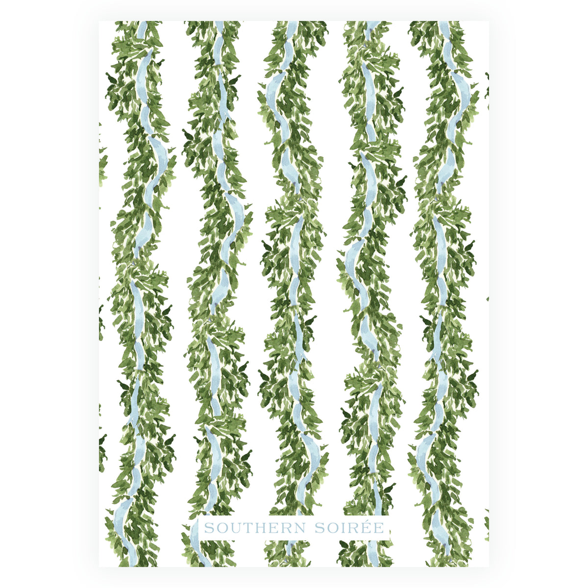 Evergreen garland pattern Christmas photo card with soft blue ribbon