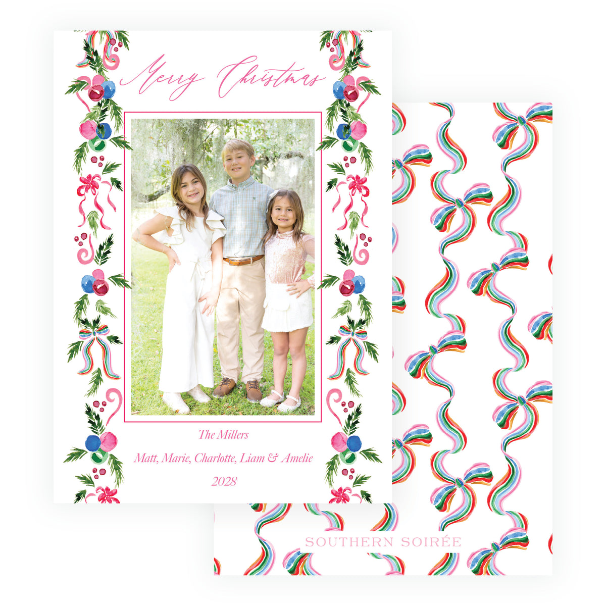 Festive Garland Trim Christmas photo card with coordinating colorful watercolor bow patterned back