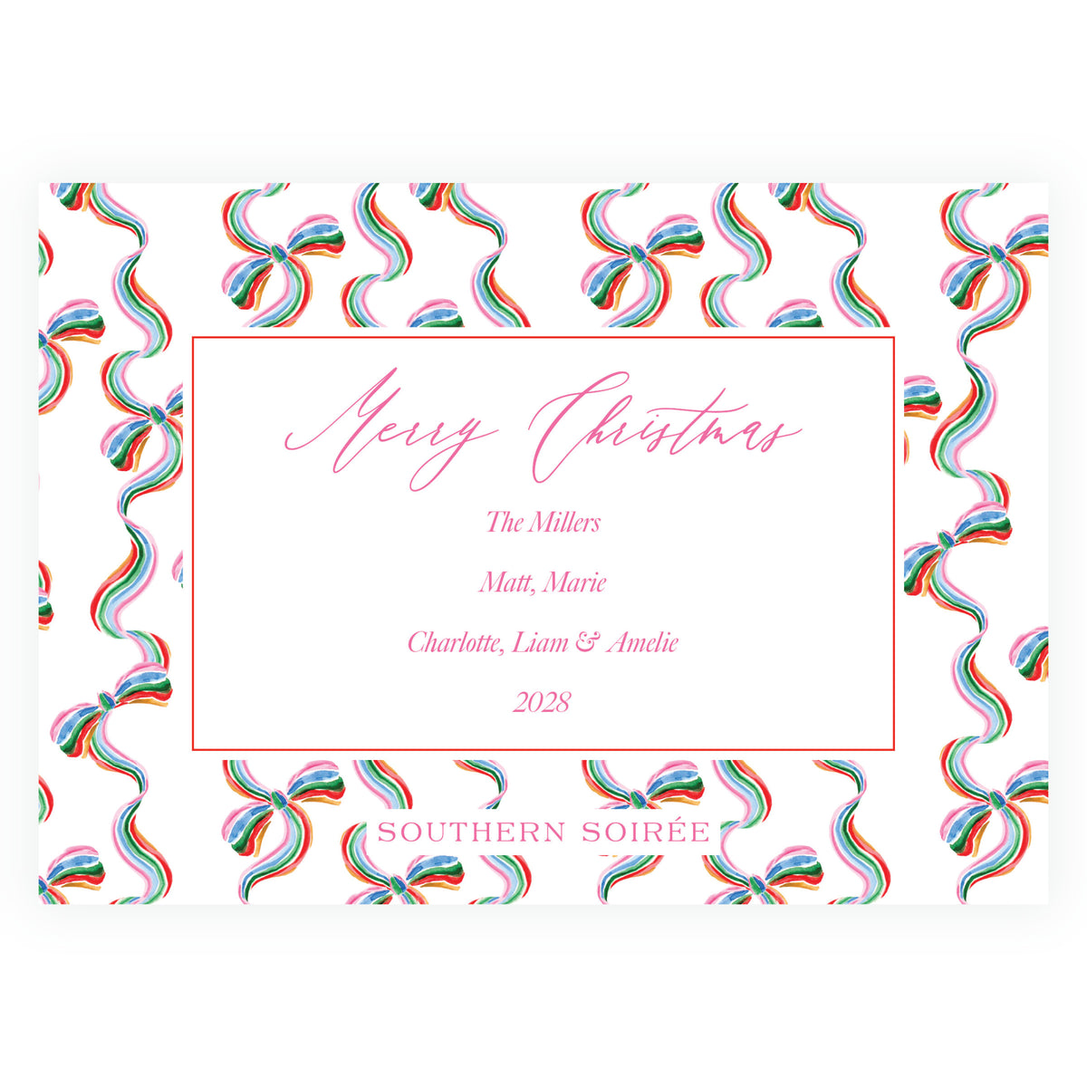 Grand Bow Frame Pink Landscape Personalized Christmas Photo Card