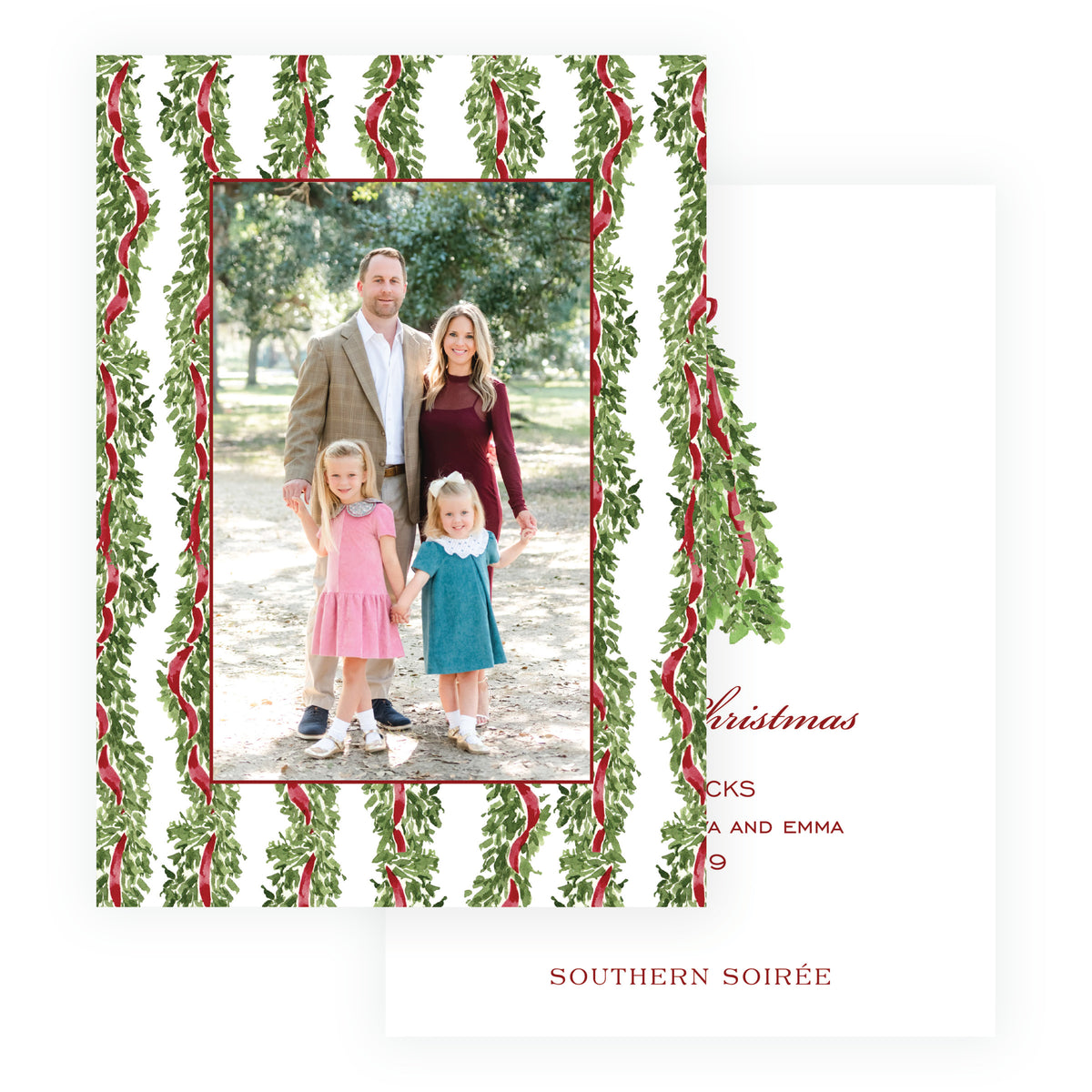 Repeating watercolor evergreen garland and burgundy ribbon Christmas card