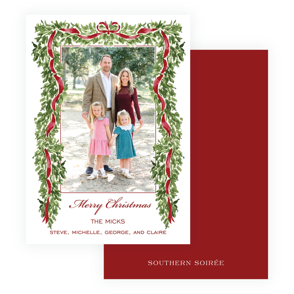 Evergreen garland Christmas photo card with burgundy ribbon and family photo