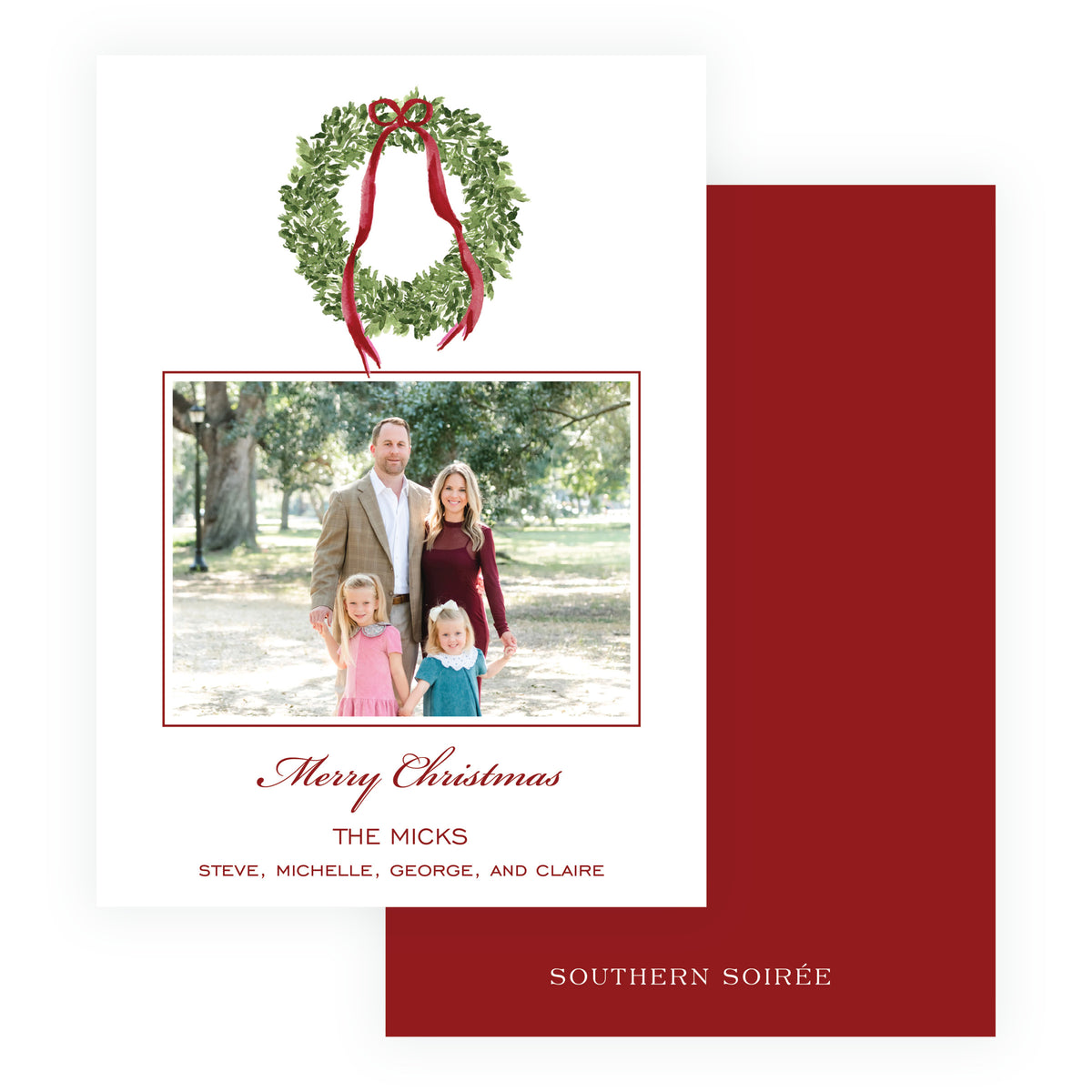 Personalized family Christmas card with evergreen wreath and burgundy ribbon
