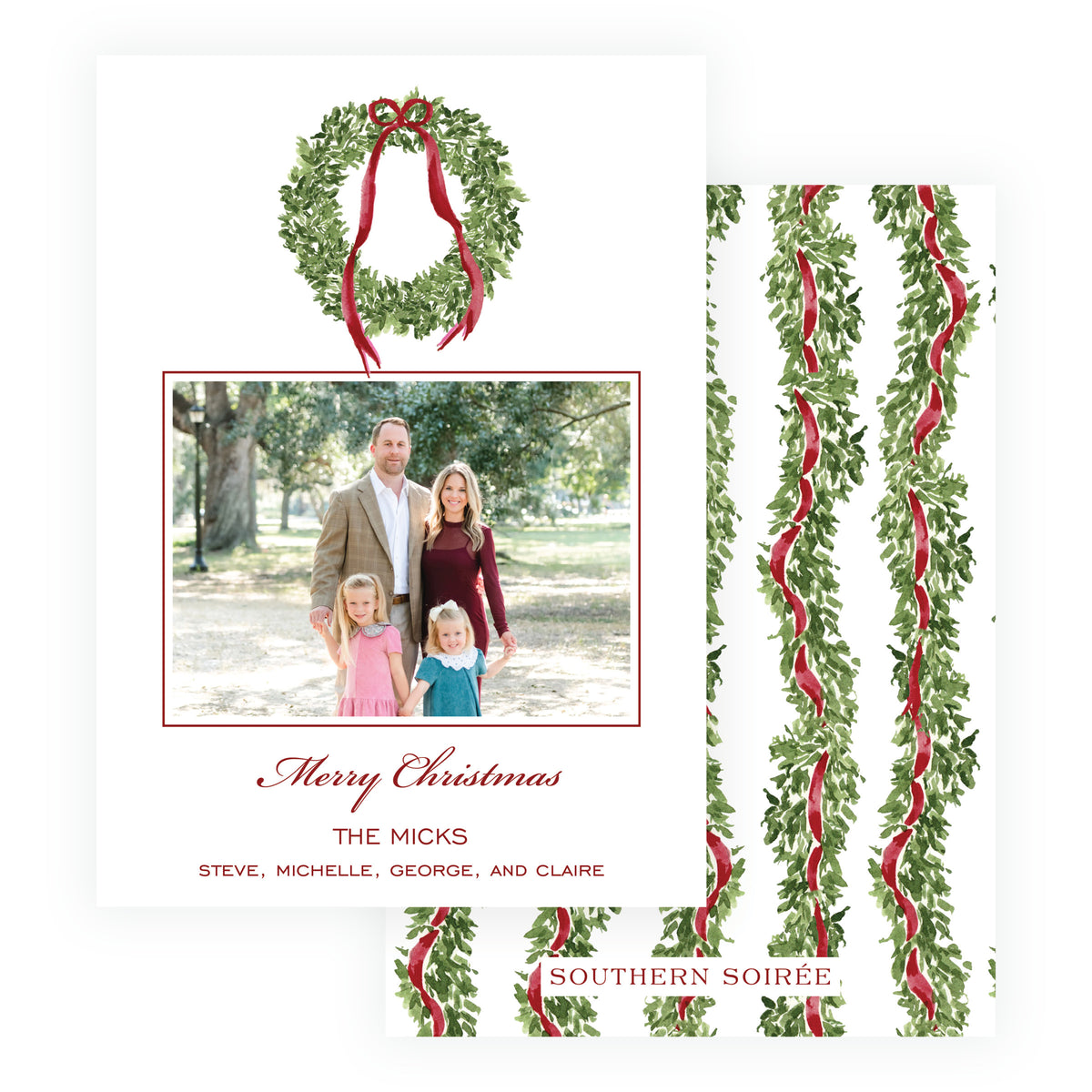 Decked in Garland burgundy wreath family holiday photo card