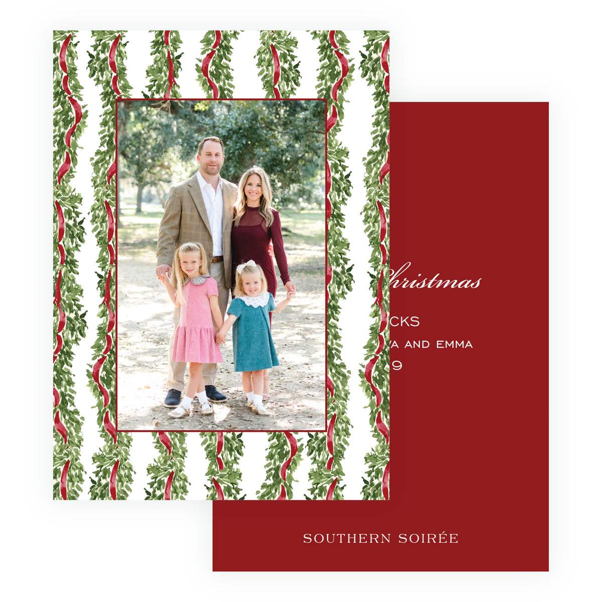 Burgundy ribbon garland personalized Christmas photo card with family photo