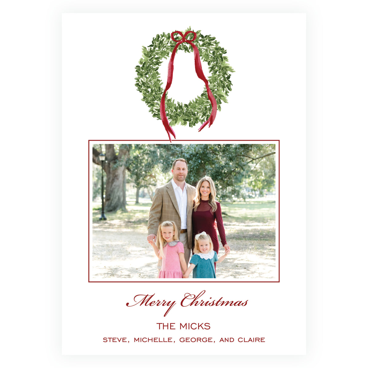 Evergreen wreath Christmas photo card with rich burgundy ribbon