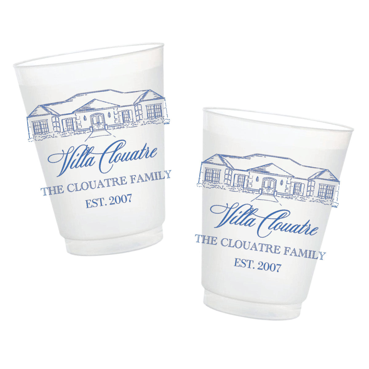 Personalized frosted cups featuring a custom line illustration of a family home with family name and established year.