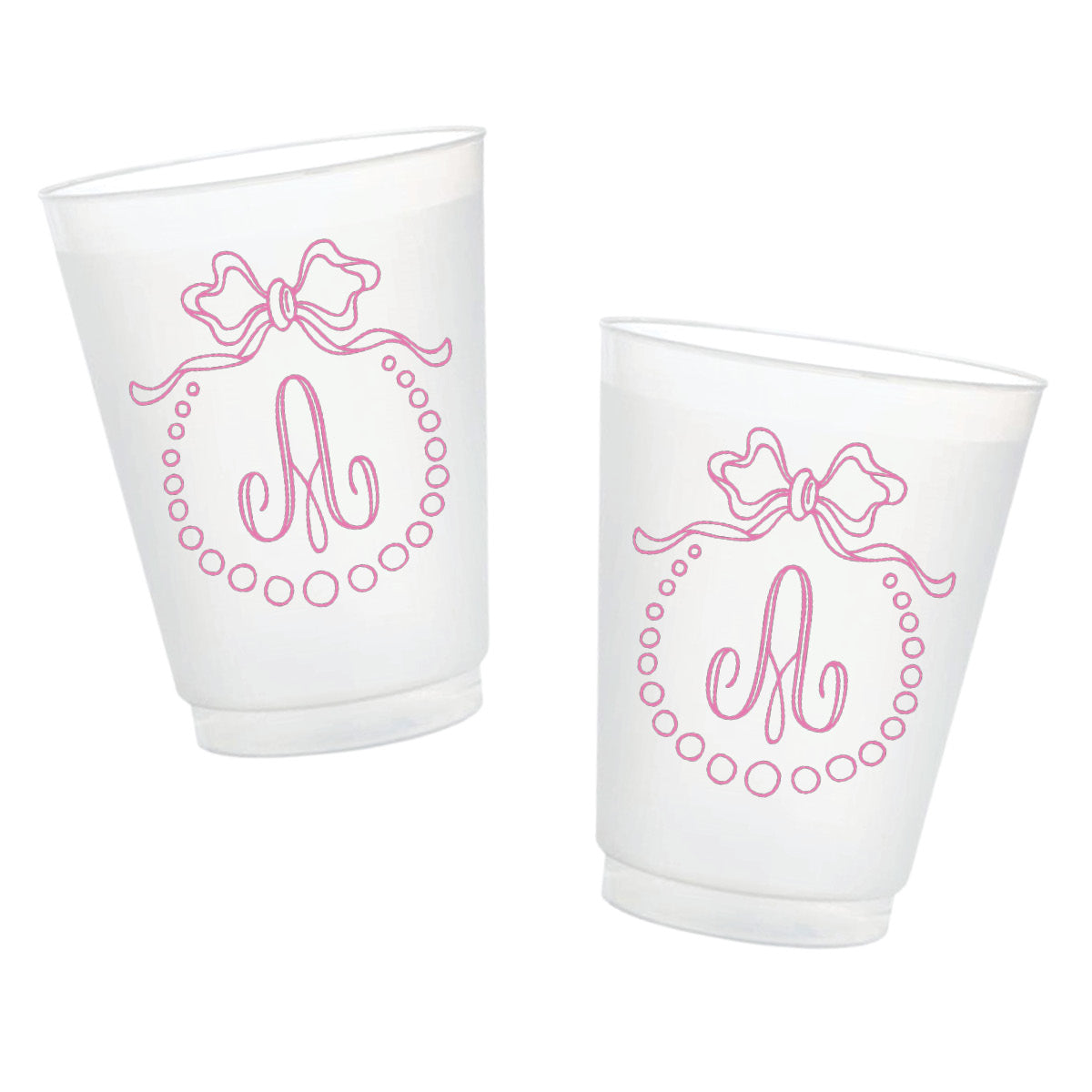 Personalized frosted cups featuring a pink bow, beaded frame and custom script monogram for showers and parties.