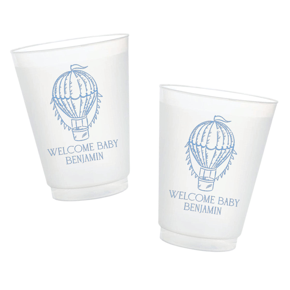 Personalized 16-ounce baby shower frosted cups with blue hot air balloon