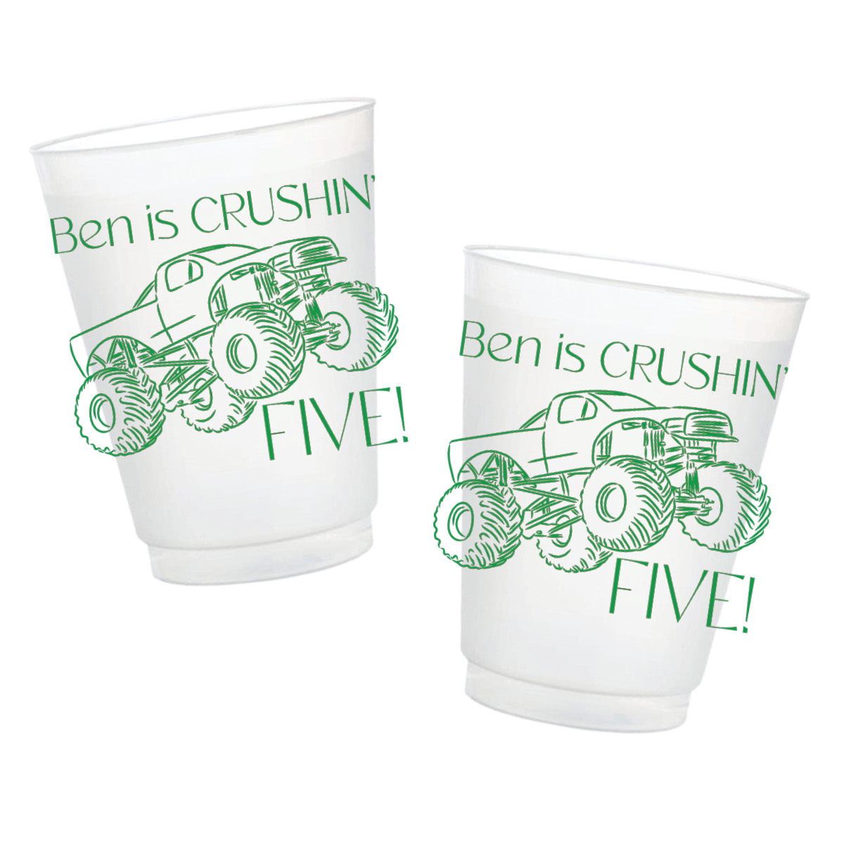 Personalized monster truck birthday frosted cups featuring green monster truck artwork with custom child’s name and age.