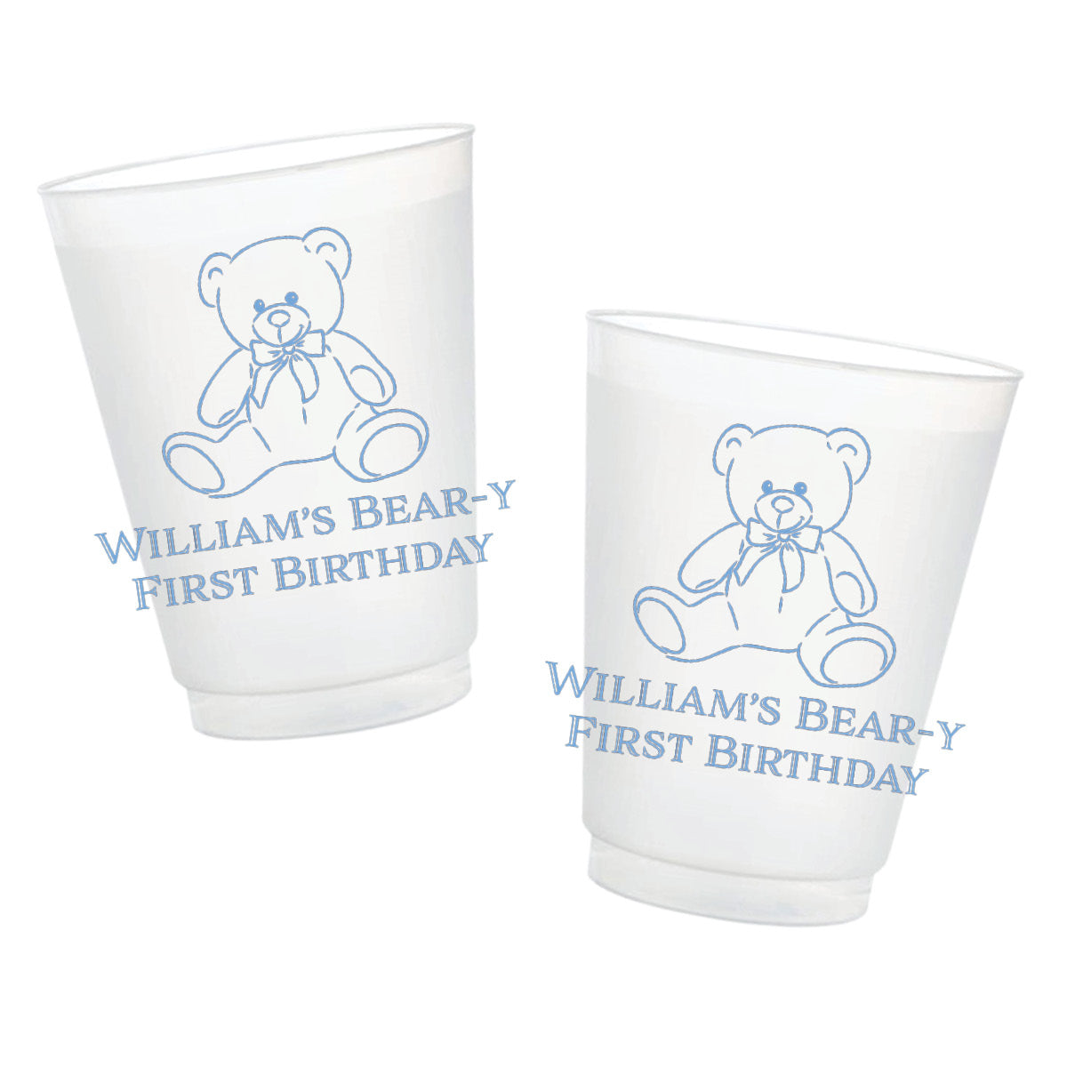 Personalized Bear-y First Birthday frosted cups featuring a blue teddy bear illustration and custom child’s name