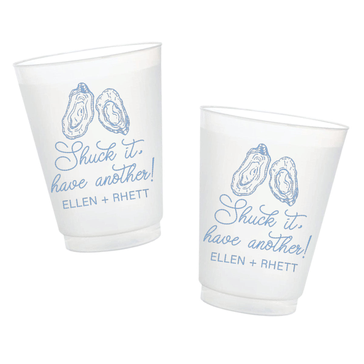 Personalized oyster frosted cups with Shuck It Have Another wording and couple’s names
