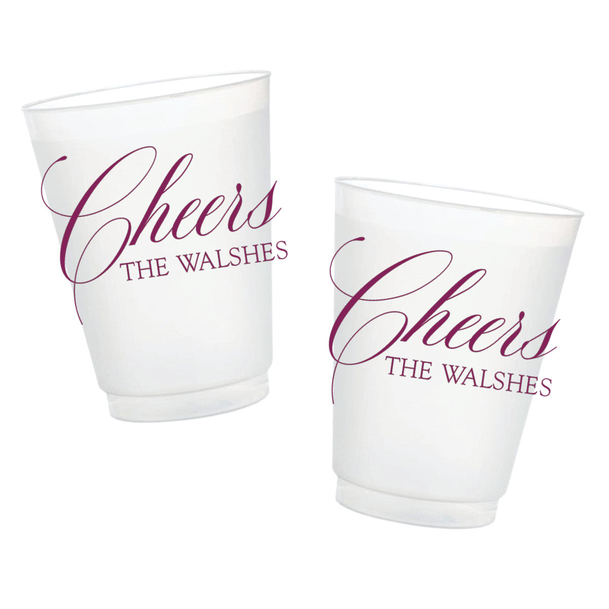 Personalized Cheers frosted party cups featuring elegant script and a custom family last name