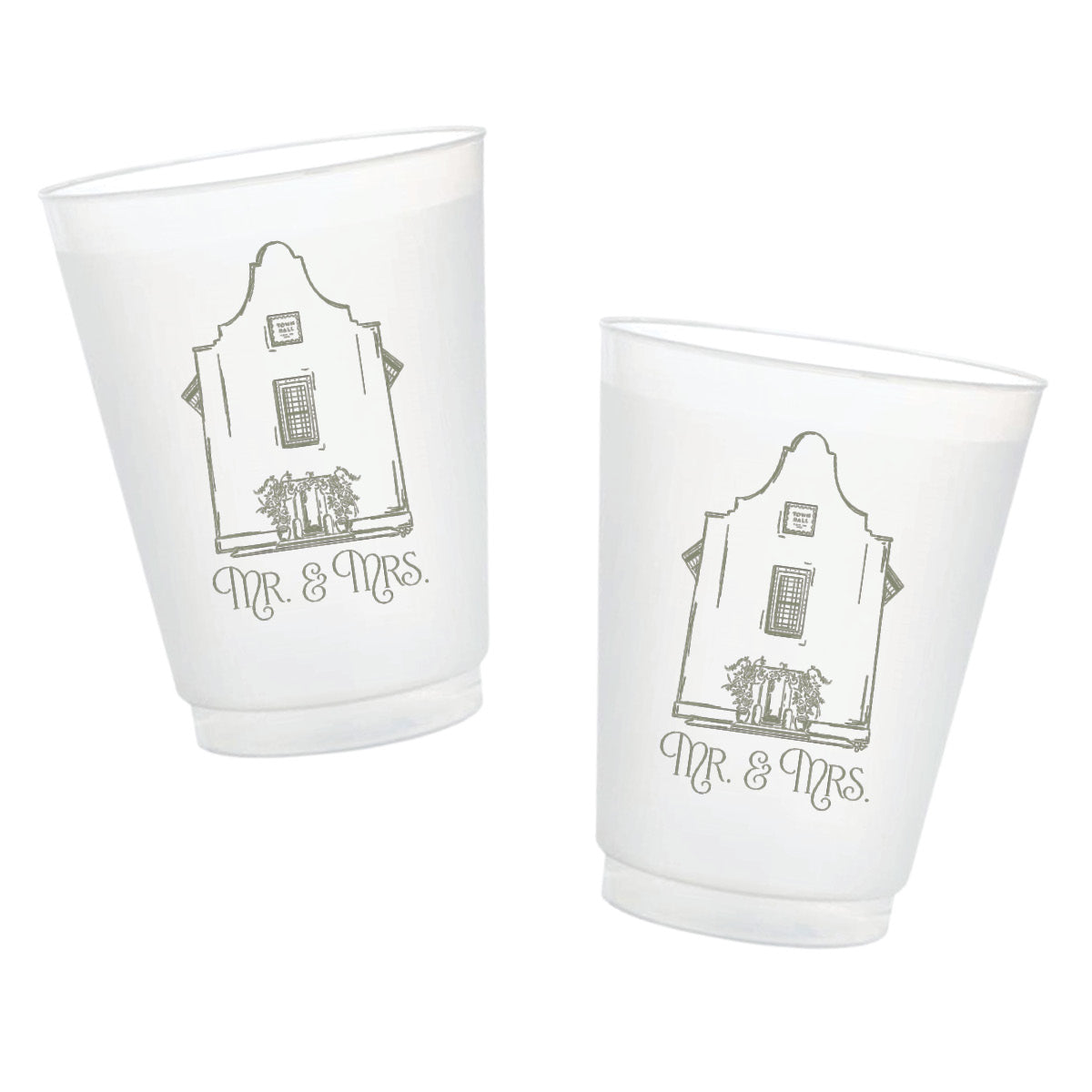 Personalized Rosemary Beach Town Hall frosted wedding cups with Mr. and Mrs. lettering.