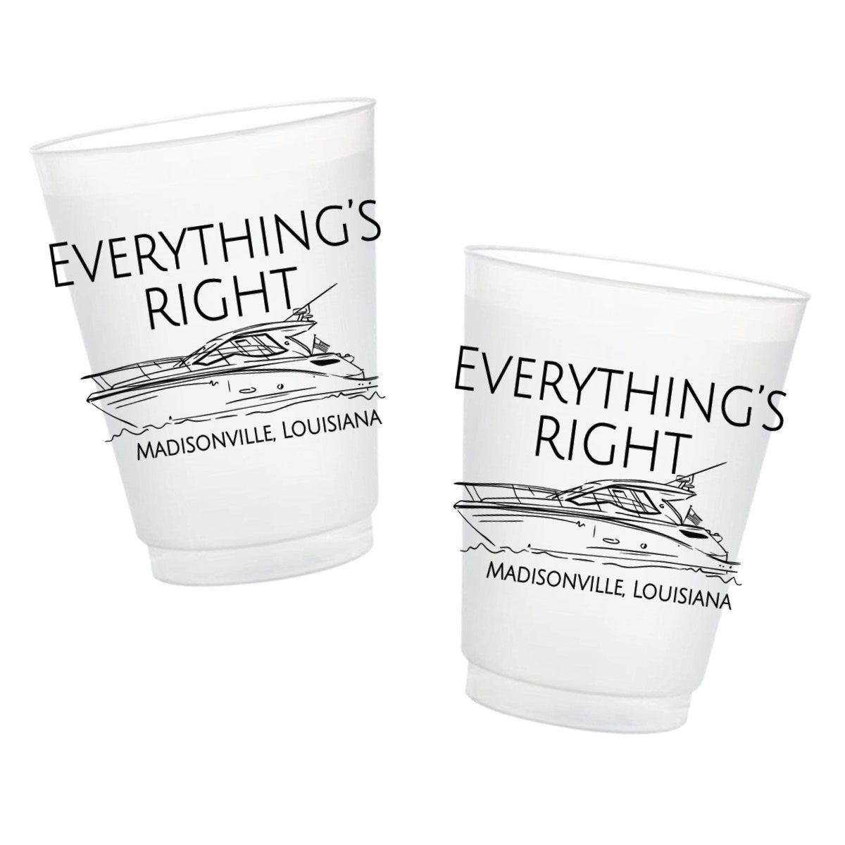 Custom frosted boat cups personalized with an illustrated boat, boat name and location for boating and waterfront entertaining.