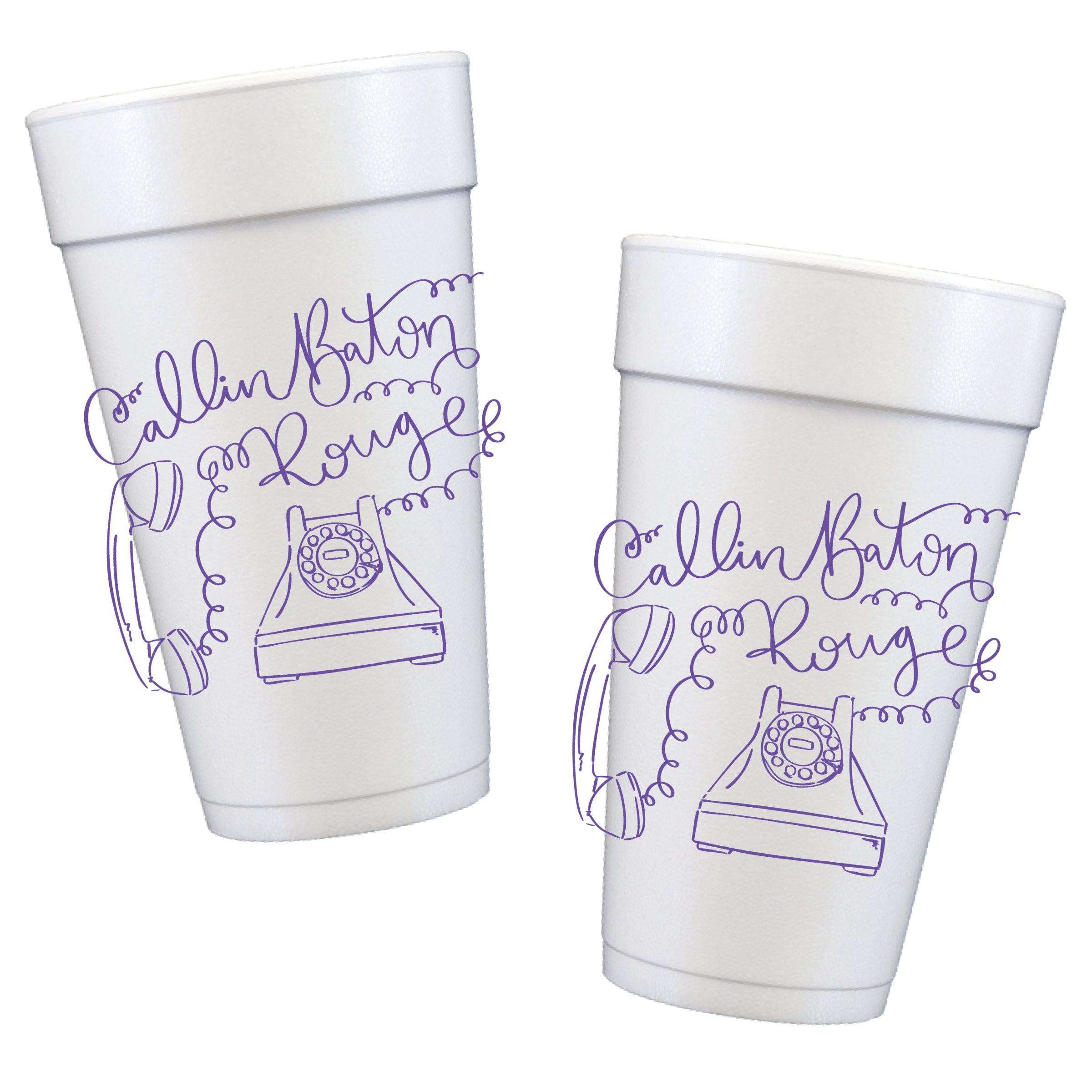 Purple Callin' Baton Rouge Styrofoam cups with vintage telephone illustration