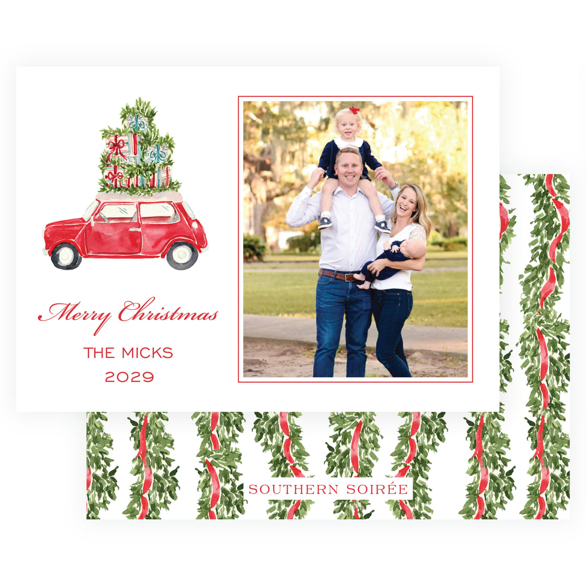 Red wreath personalized Christmas photo card with watercolor evergreen