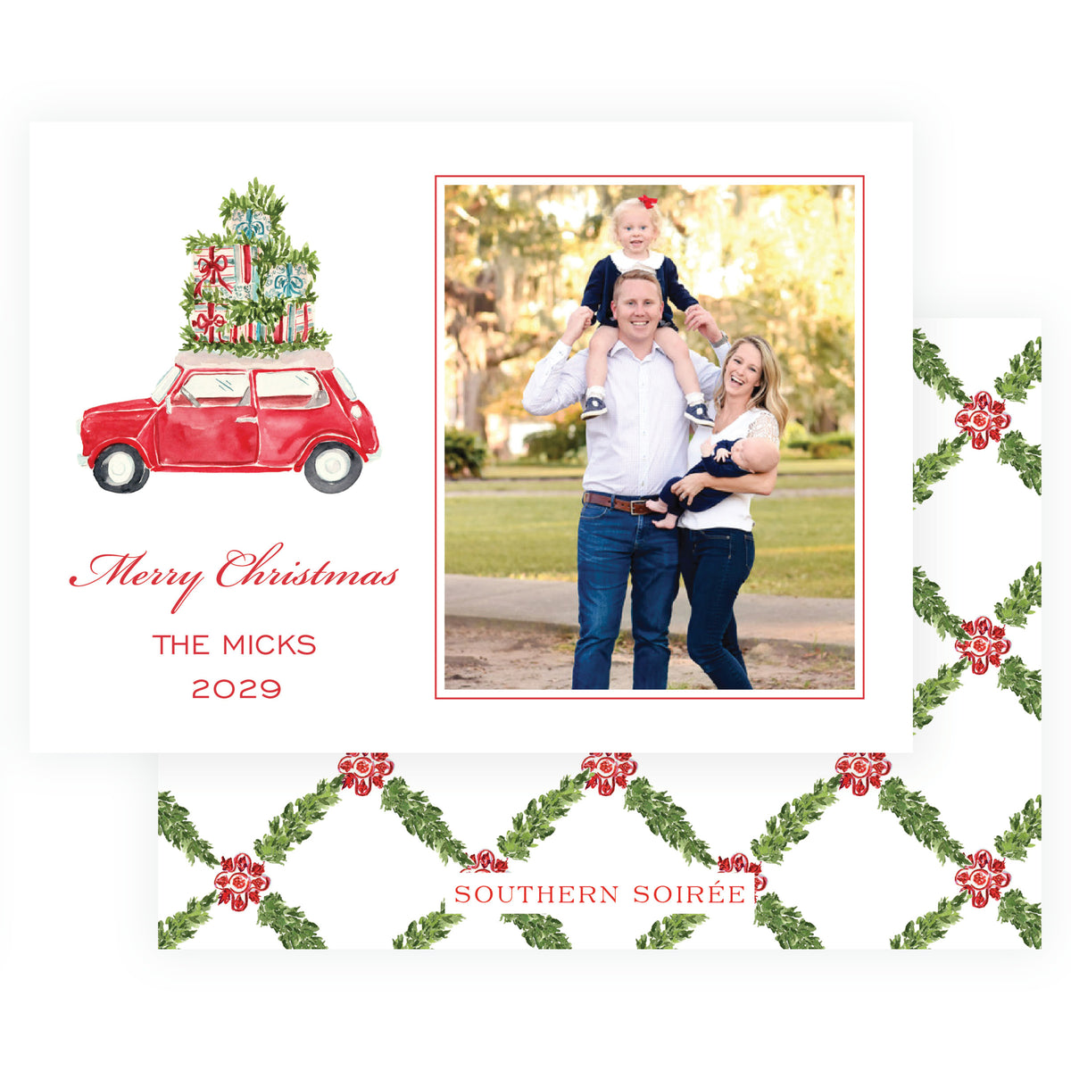 Watercolor Christmas wreath with red bow family photo card