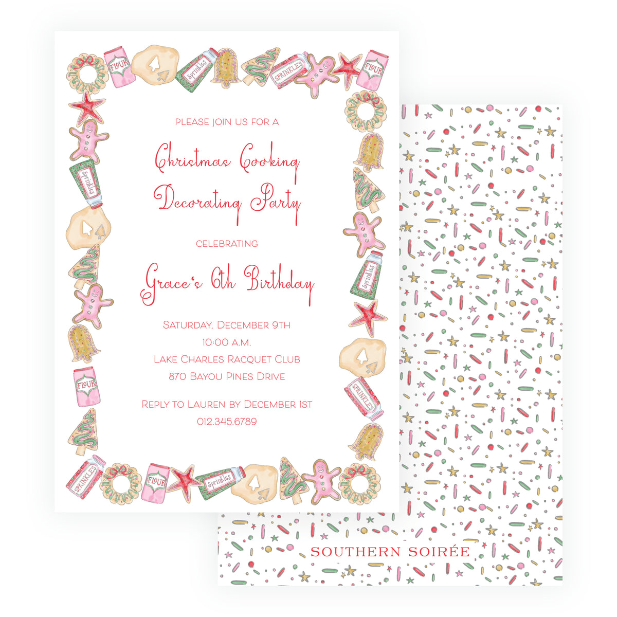Personalized Christmas cookie decorating birthday party invitation with watercolor cookies, gingerbread, sprinkles and festive baking artwork