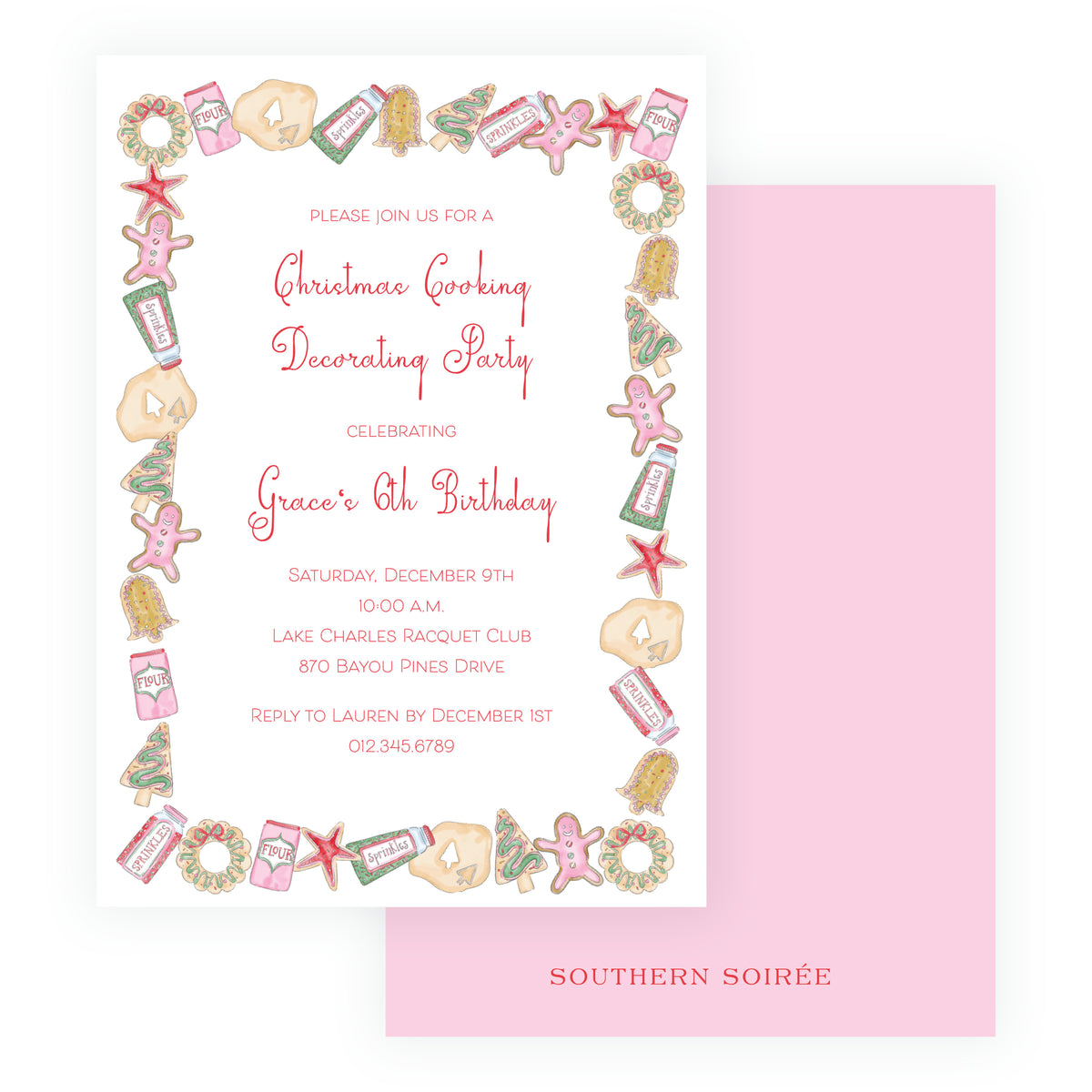 Personalized Christmas cookie decorating birthday party invitation with watercolor cookies, gingerbread, sprinkles and festive baking artwork
