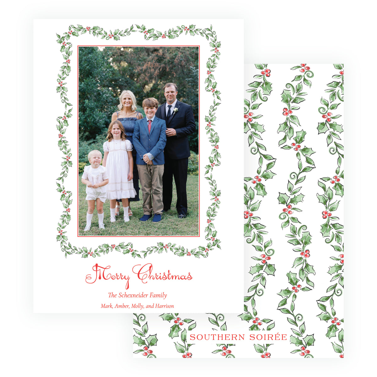 Holiday Holly classic personalized Christmas photo card with portrait family photo, watercolor holly border, and Merry Christmas greeting.