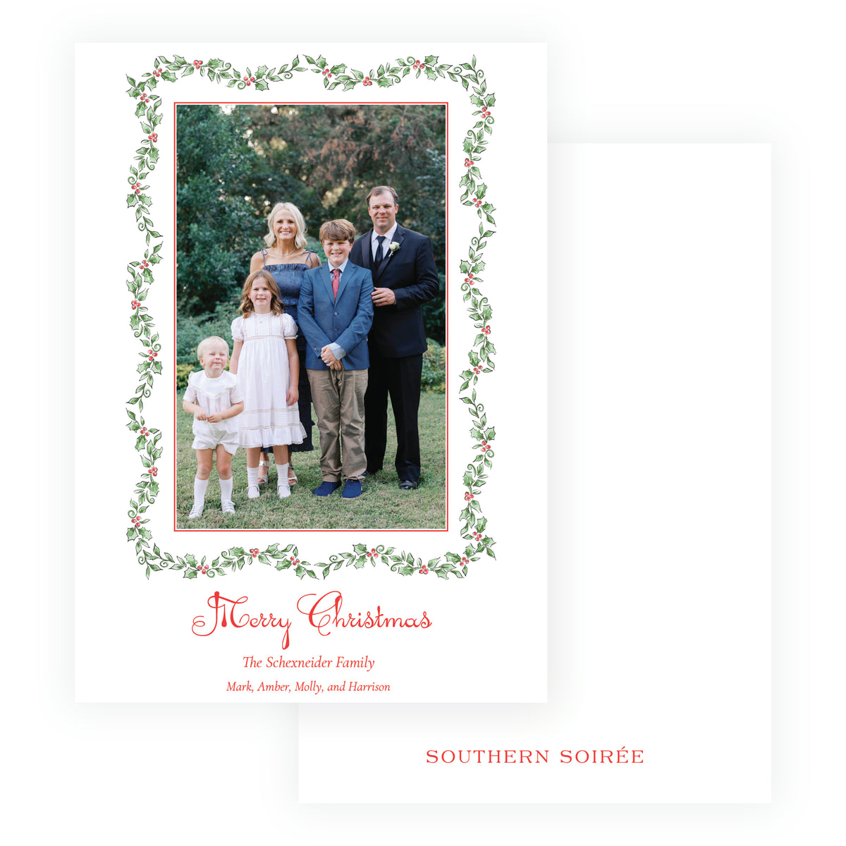 Holiday Holly classic personalized Christmas photo card with portrait family photo, watercolor holly border, and Merry Christmas greeting.