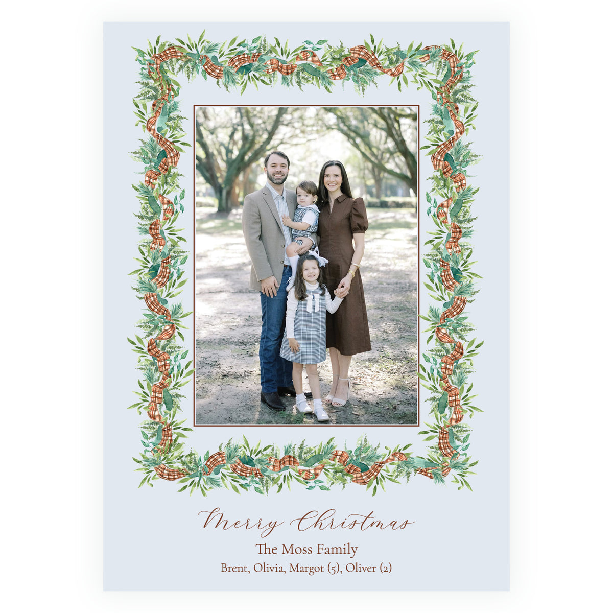 Woodland Christmas Evergreen Frame Personalized Christmas Photo Card