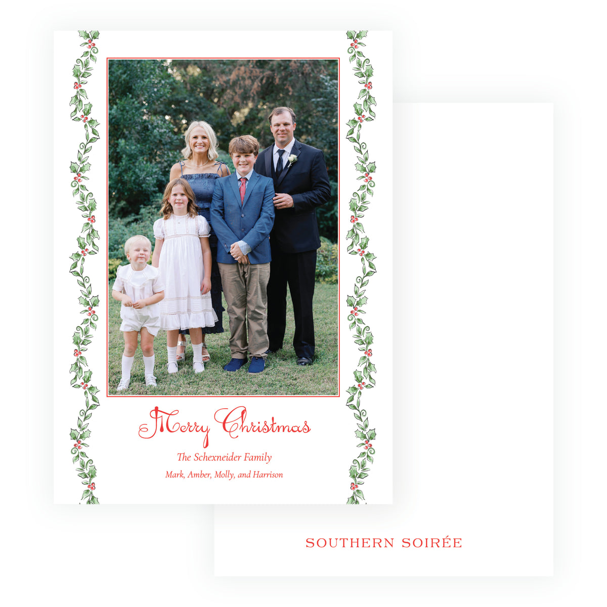 Holiday Holly Vine personalized Christmas photo card with family portrait, watercolor holly side border, and red Merry Christmas greeting.