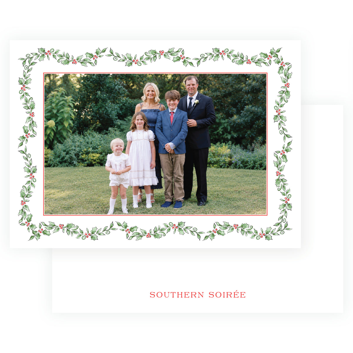 Holiday Holly landscape personalized Christmas photo card with horizontal family photograph and watercolor holly and berry border.