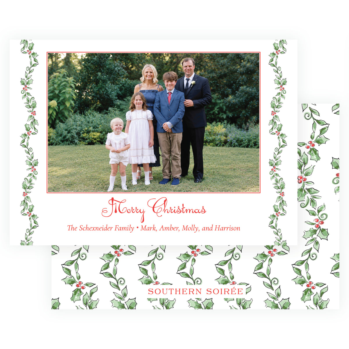 Holiday Holly landscape personalized Christmas photo card with family photograph, watercolor holly side border, and Merry Christmas greeting.
