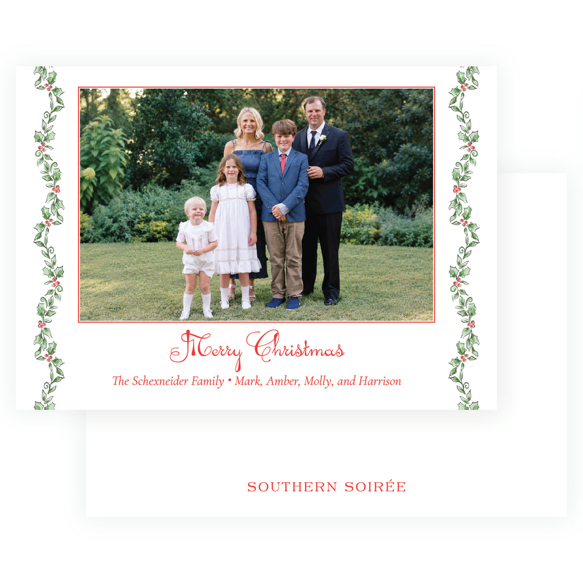 Holiday Holly landscape personalized Christmas photo card with family photograph, watercolor holly side border, and Merry Christmas greeting.