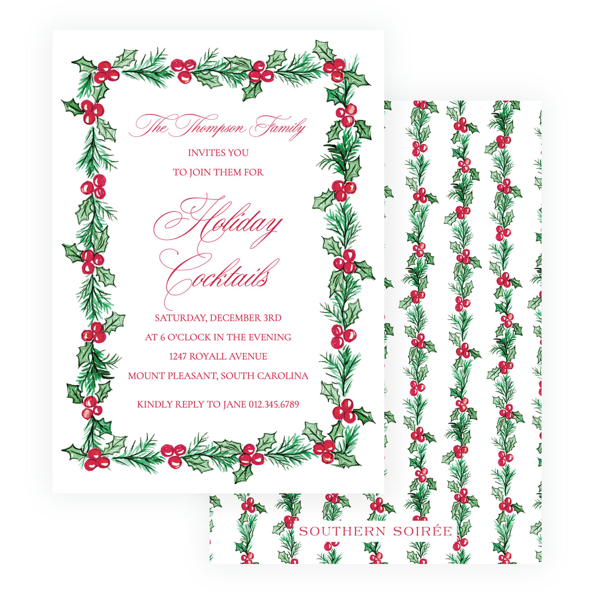 Plaid and Holly personalized Christmas cocktail party invitation with watercolor holly, evergreen branches and red berries
