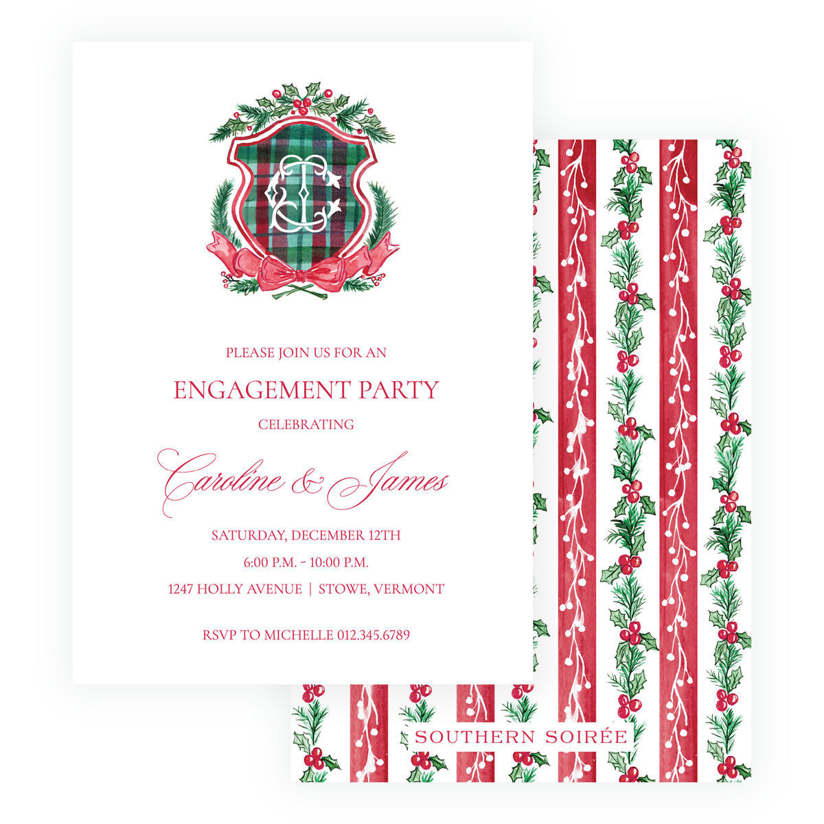 Personalized Plaid and Holly Christmas engagement party invitation with tartan monogram crest, evergreen, holly and red bow