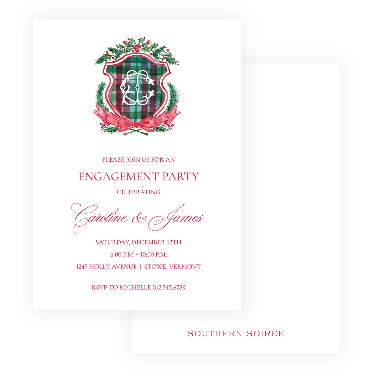 A white engagement party invitation card with a decorative crest featuring a green tartan plaid background, red ribbon, holly leaves, and a white anchor. The text is printed in red and black, with a second white card partially visible behind it.