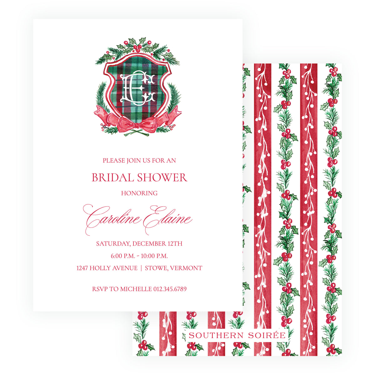 A Christmas-themed engagement party invitation card with a white background, red and green text, and a decorative crest at the top. A matching patterned envelope or backing card is partially visible on the right, featuring red and white vertical stripes with green holly and red berries.