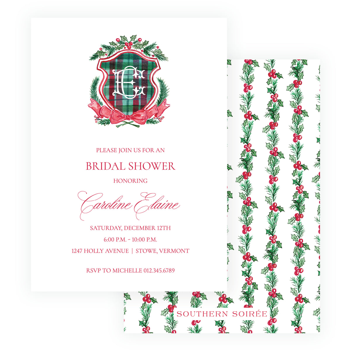 A bridal shower invitation card with a white background, featuring a red and green plaid crest with a monogram 'E' and holly and ribbon details. The card includes pink text for the event details.