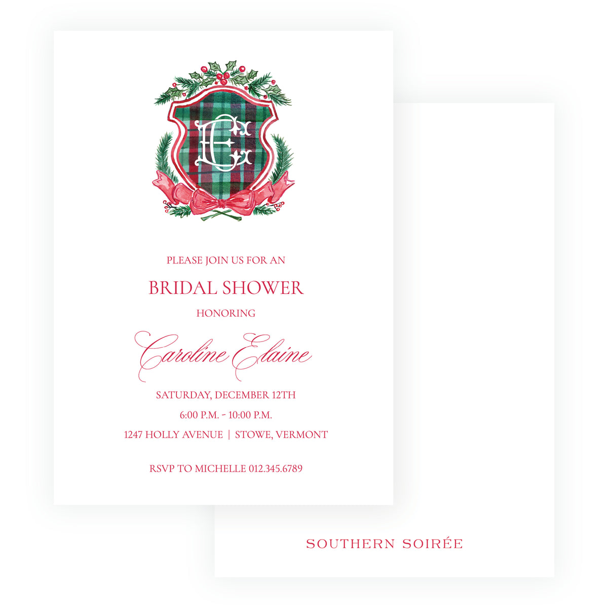 A bridal shower invitation card with a white background, featuring a decorative crest in green tartan plaid with red ribbon and greenery, plus red and pink text. A second matching card is partially visible behind it on a white background.