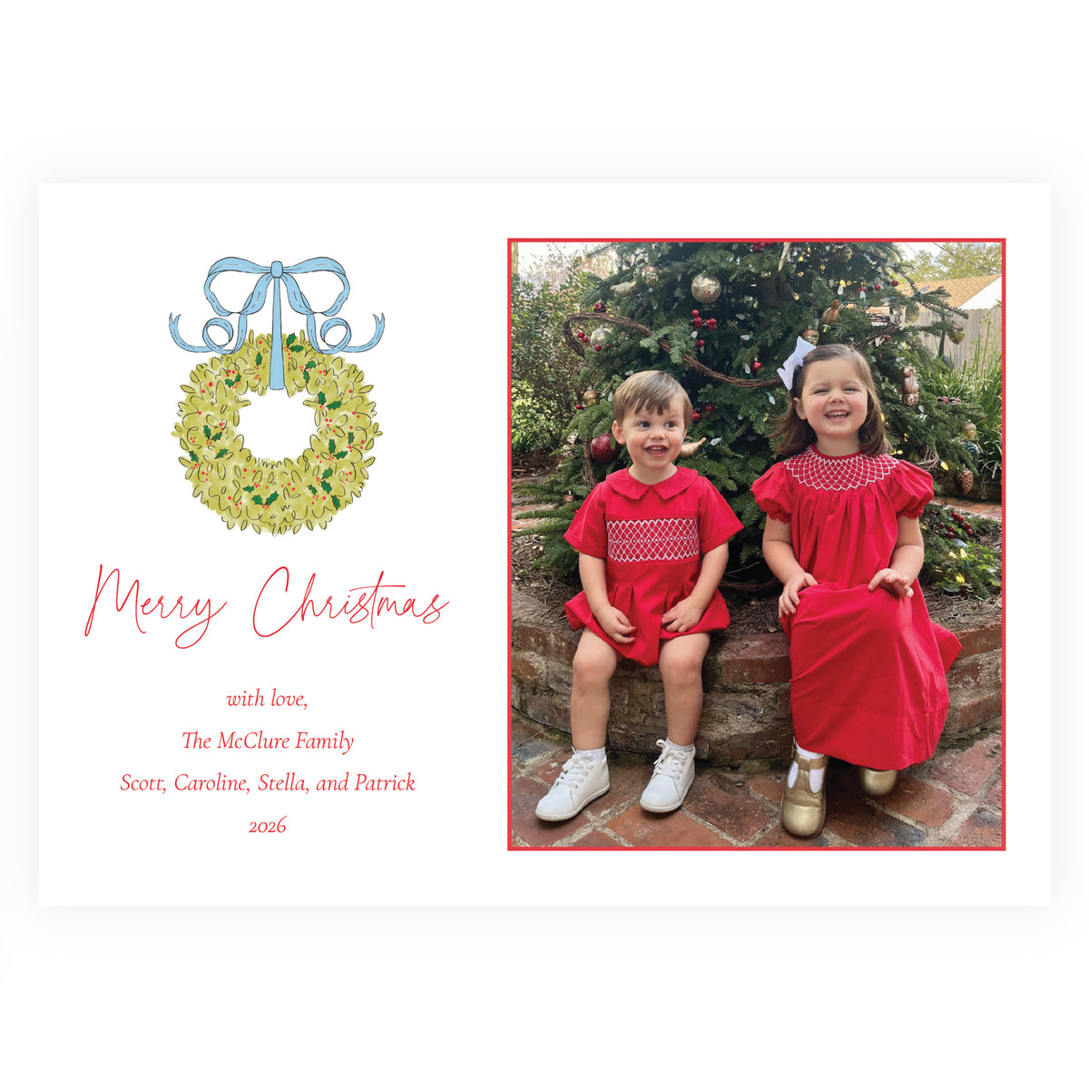 Christmas Boxwood Wreath Personalized Christmas Photo Card