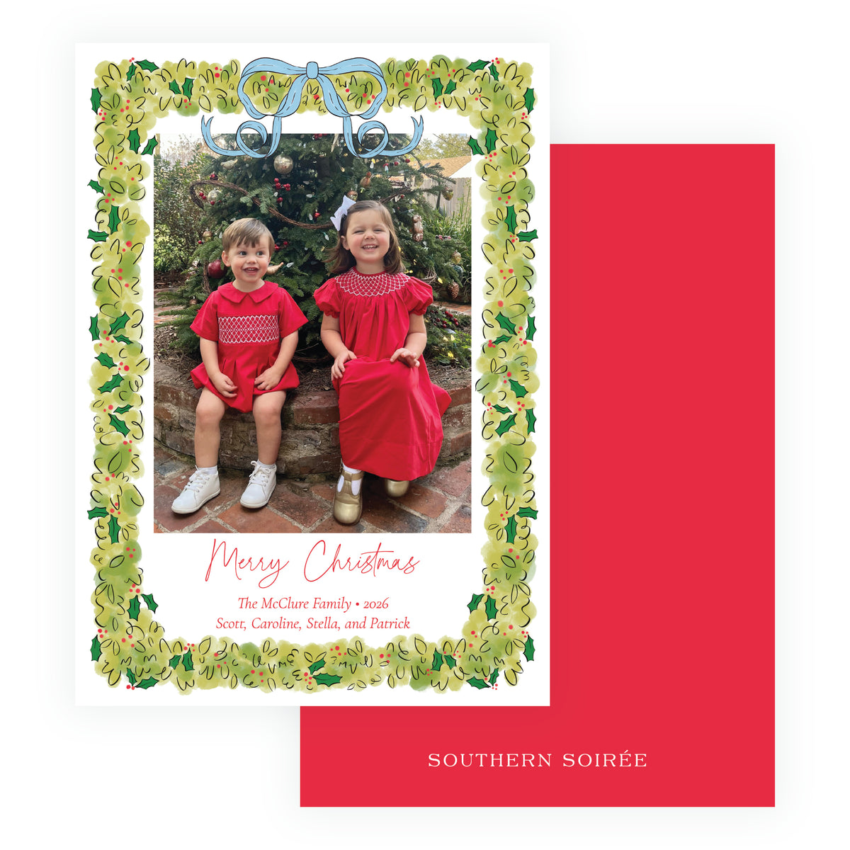 Christmas Boxwood personalized Christmas photo card with family photo, hand-painted green boxwood border, holly and powder blue bow