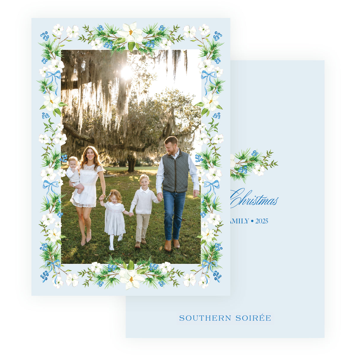Holiday Blossom Christmas Garland personalized Christmas photo card with watercolor white blossoms, blue bows, greenery and family photograph.