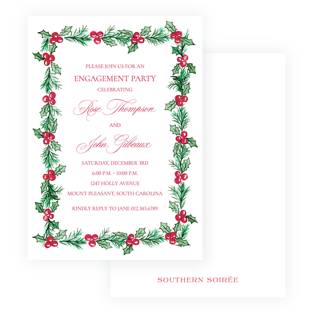 Personalized Plaid and Holly Christmas engagement party invitation with watercolor holly, evergreen branches and red berries