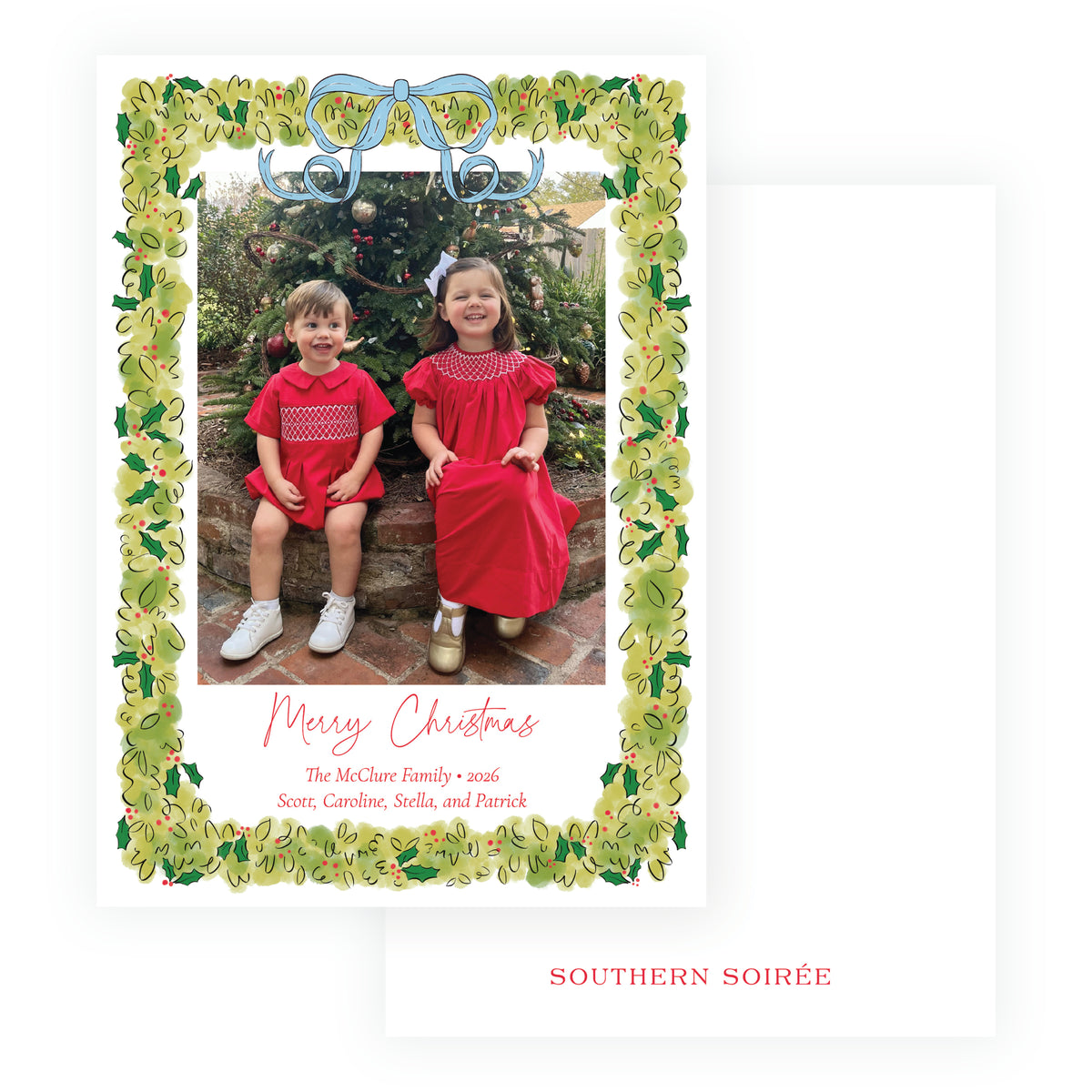 Christmas Boxwood personalized Christmas photo card with family photo, hand-painted green boxwood border, holly and powder blue bow