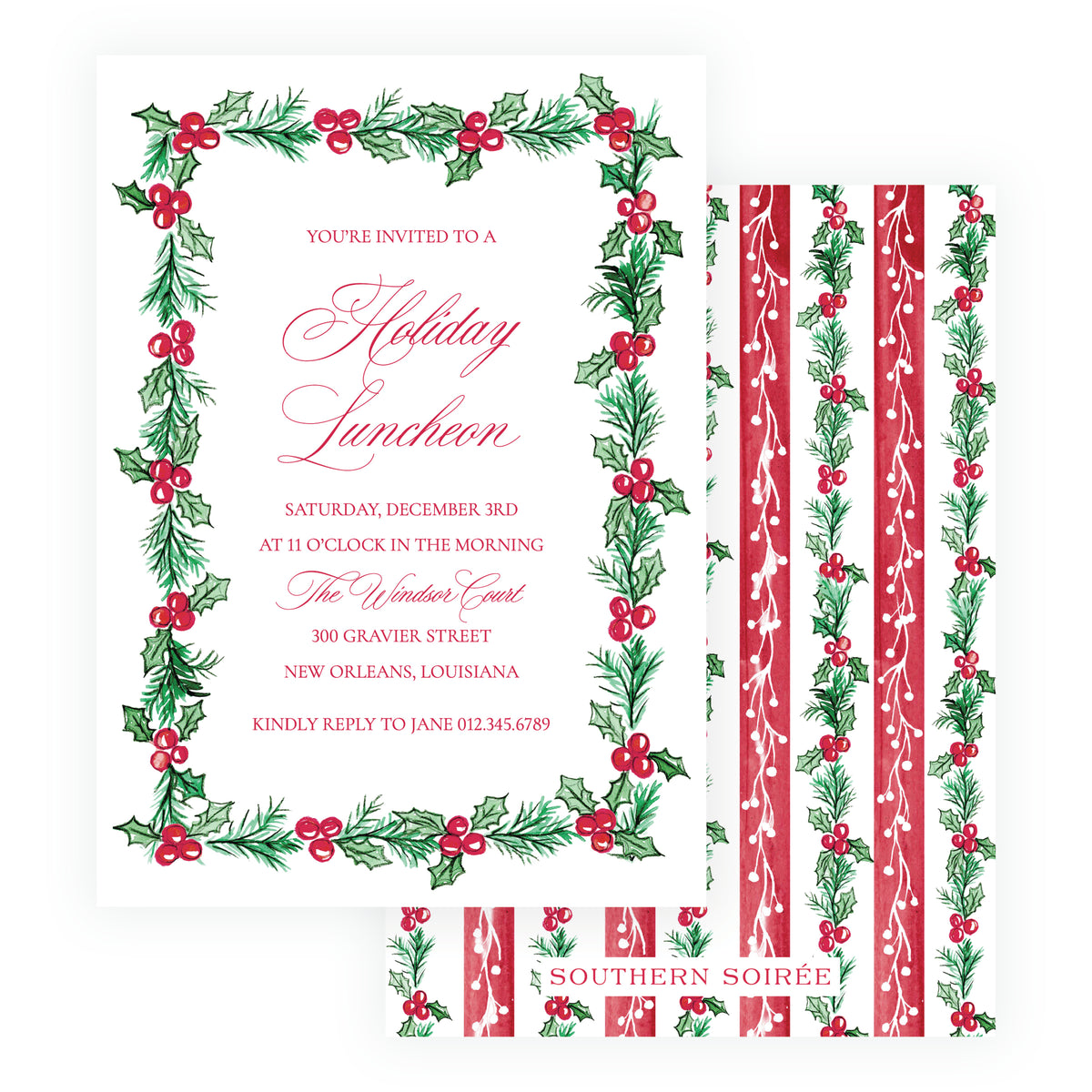 Plaid and Holly personalized Christmas holiday luncheon invitation with watercolor holly, evergreen branches and red berry border